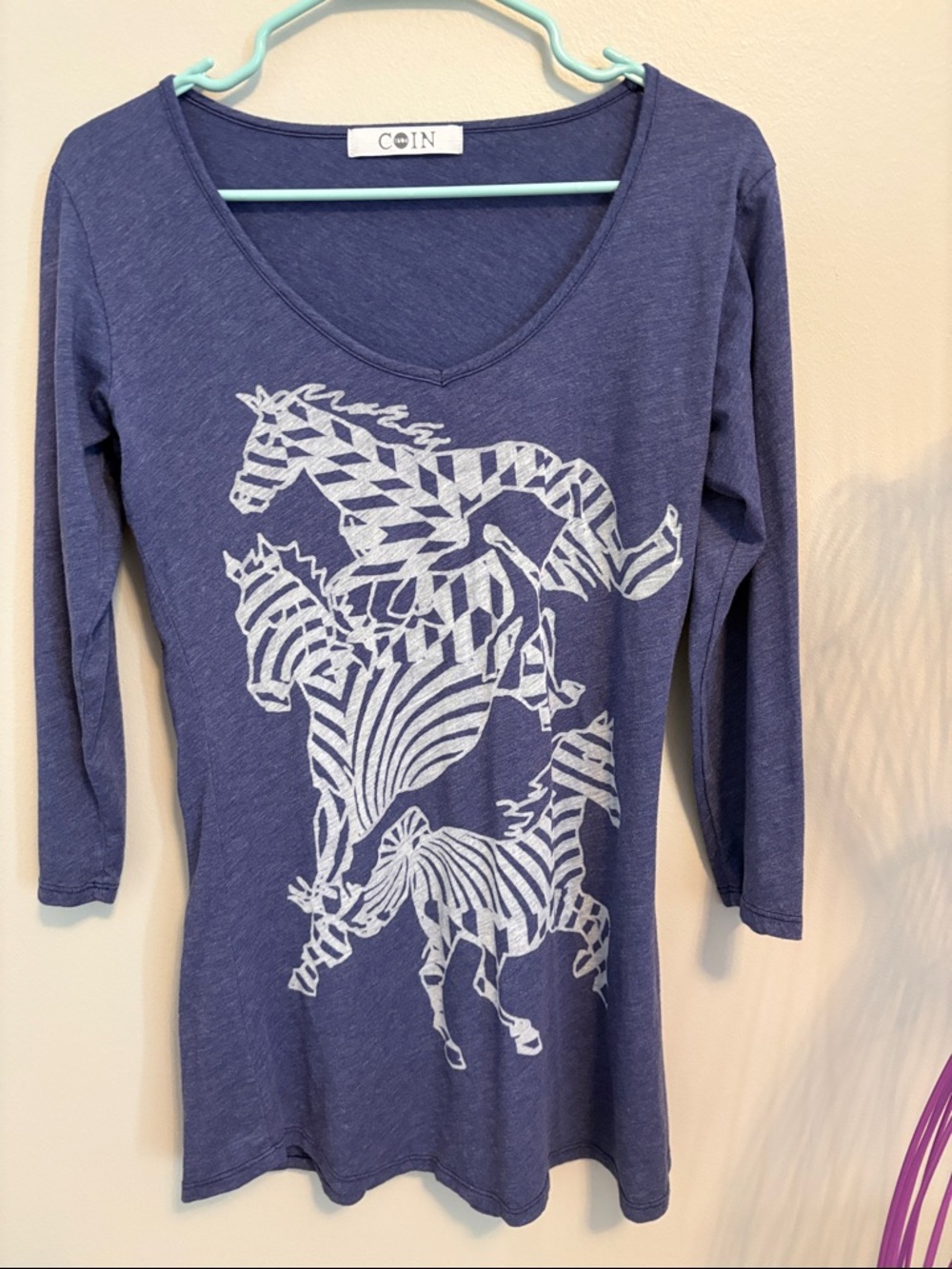 COIN 1804 Blue 3/4 Sleeve Tunic/Coverup with White Zebra Print